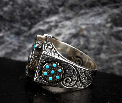 Zyan Gems | Unique Designed Turkish Style Ring with 6 Stone Turquoise Ring |  Sterling Silver Oxidized Ring