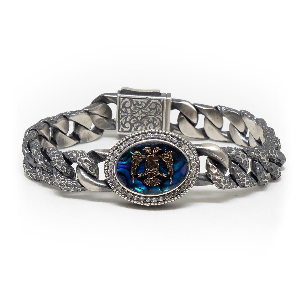 Zyan Gems | Unique Style Double Headed Eagle Bracelet with Blue Enamel for Men | 925 Sterling Silver Oxidized Bracelet Jewelry Authenticity and 925