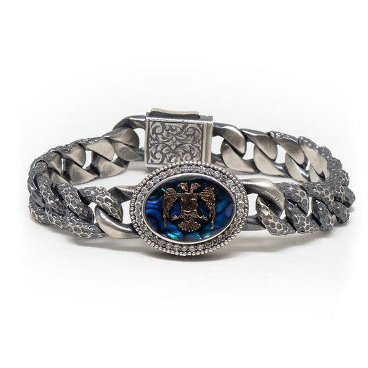 Zyan Gems | Unique Style Double Headed Eagle Bracelet with Blue Enamel for Men |  Sterling Silver Oxidized Bracelet