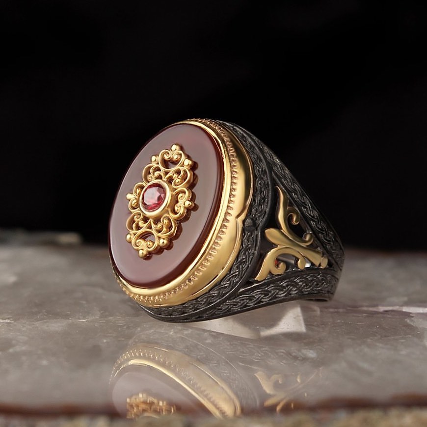 Zyan Gems | Unique Turkish Style Ring with Natural Red Agate | Black Rhodium & Gold Plated  Sterling Silver Ring