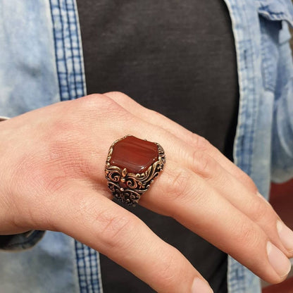 Zyan Gems | Unique Turkish Style Ring with Natural Red Agate |  Sterling Silver Oxidized Ring