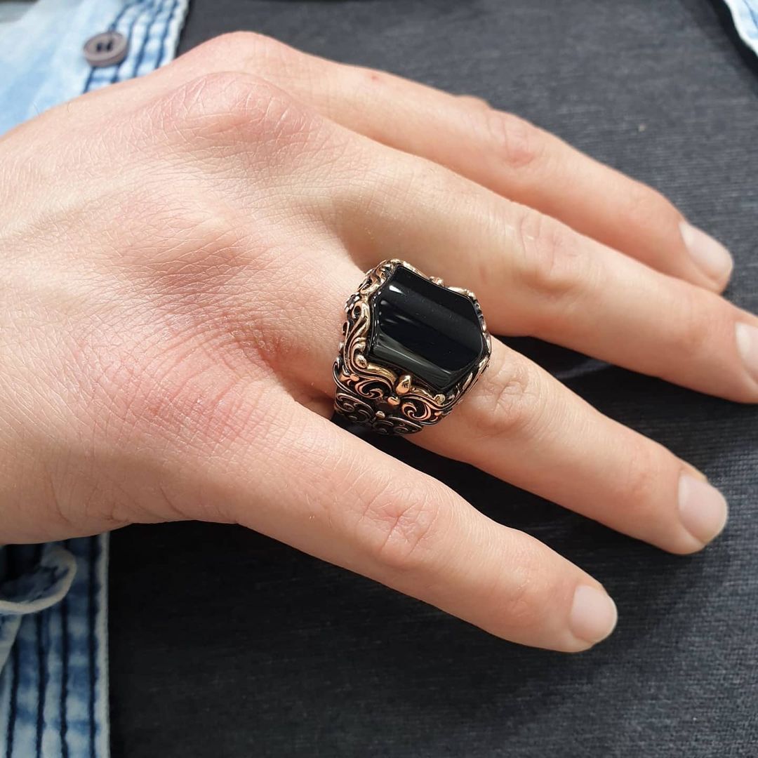 Zyan Gems | Unique Turkish Style Ring with Natural Black Onyx |  Sterling Silver Oxidized Ring