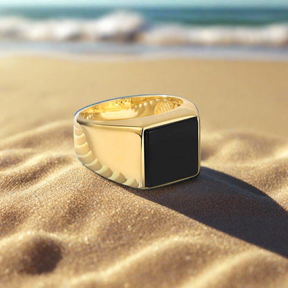 Zyan Gems | Exclusive Classic Gold Signet Statement Ring with Natural Black Onyx/ Red Agate, Sterling Silver  Ring | Jewellery for Men