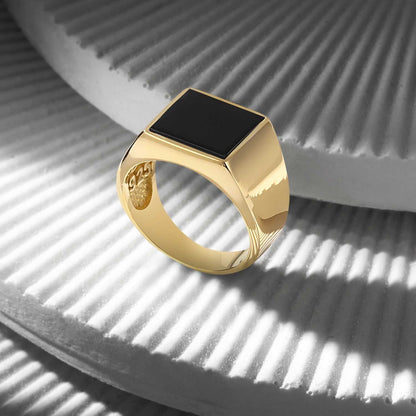 Zyan Gems | Exclusive Classic Gold Signet Statement Ring with Natural Black Onyx/ Red Agate, Sterling Silver  Ring | Jewellery for Men