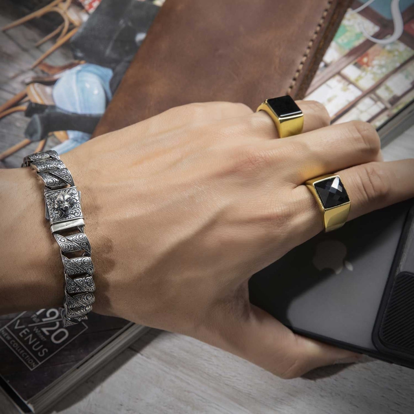 Zyan Gems | Exclusive Classic Gold Signet Statement Ring with Natural Black Onyx/ Red Agate, Sterling Silver  Ring | Jewellery for Men
