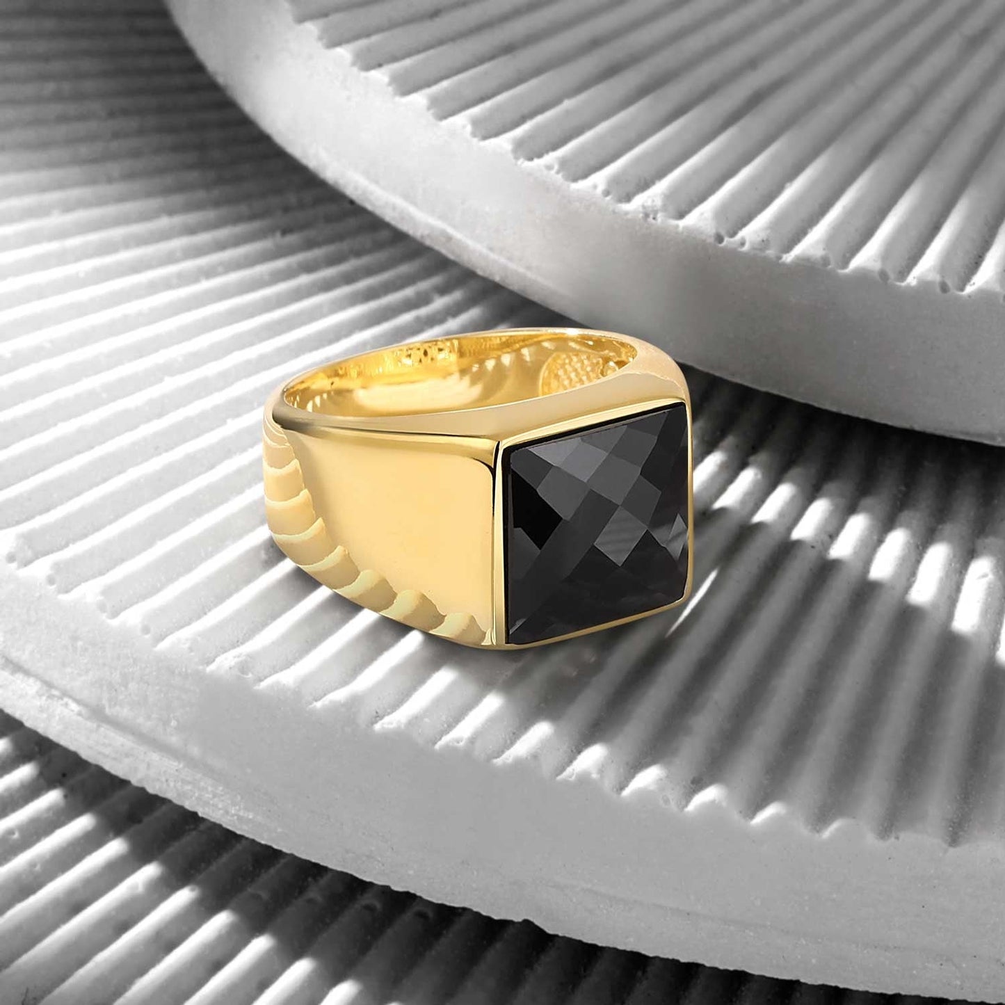 Zyan Gems | Exclusive Classic Gold Signet Statement Ring with Faceted Black Zircon/ Red Zircon, Sterling Silver  Ring | Jewellery for Men