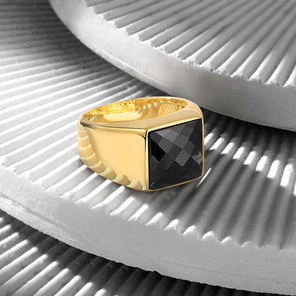 Zyan Gems | Exclusive Classic Gold Signet Statement Ring with Faceted Black Zircon/ Red Zircon, Sterling Silver  Ring | Jewellery for Men