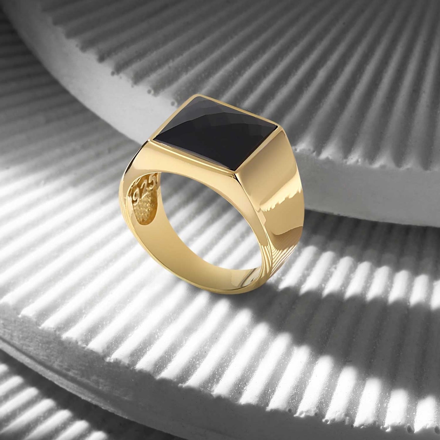 Zyan Gems | Exclusive Classic Gold Signet Statement Ring with Faceted Black Zircon/ Red Zircon, Sterling Silver  Ring | Jewellery for Men