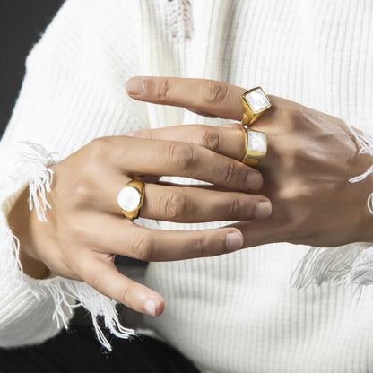 Zyan Gems | Exclusive Classic Gold Signet Statement Ring with Natural Pearl/ Tiger Eye, Sterling Silver  Ring | Jewellery for Men