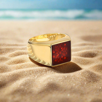 Zyan Gems | Exclusive Classic Gold Signet Statement Ring with Natural Black Onyx/ Red Agate, Sterling Silver  Ring | Jewellery for Men