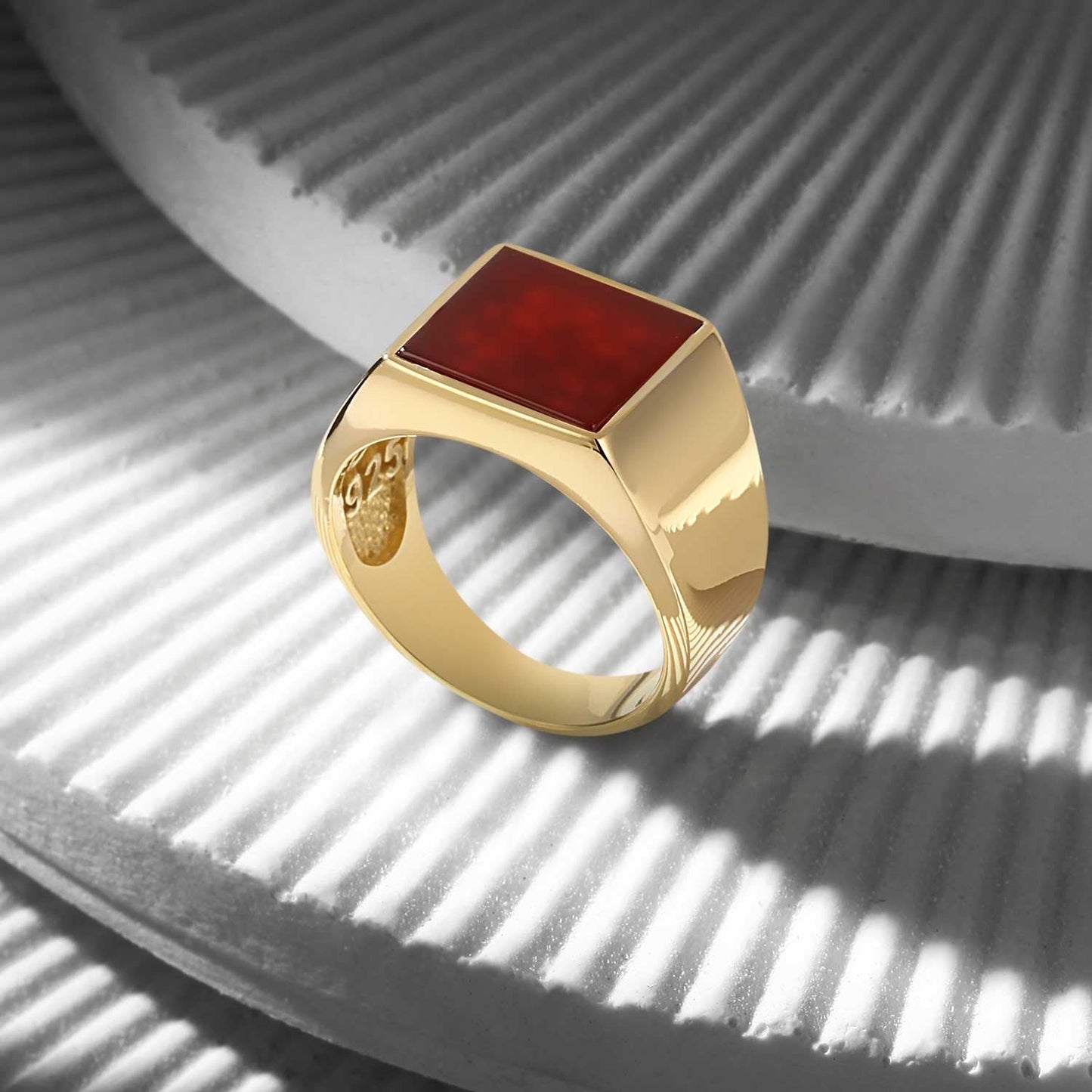 Zyan Gems | Exclusive Classic Gold Signet Statement Ring with Natural Black Onyx/ Red Agate, Sterling Silver  Ring | Jewellery for Men