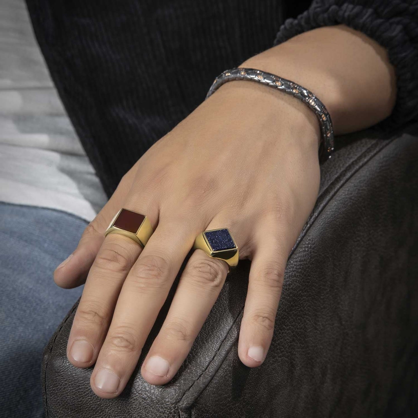 Zyan Gems | Exclusive Classic Gold Signet Statement Ring with Natural Black Onyx/ Red Agate, Sterling Silver  Ring | Jewellery for Men