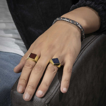 Zyan Gems | Exclusive Classic Gold Signet Statement Ring with Natural Black Onyx/ Red Agate, Sterling Silver  Ring | Jewellery for Men