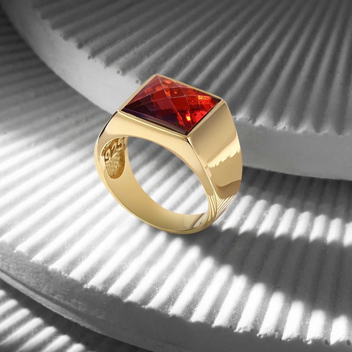 Zyan Gems | Exclusive Classic Gold Signet Statement Ring with Faceted Black Zircon/ Red Zircon, Sterling Silver  Ring | Jewellery for Men