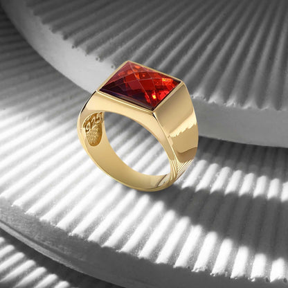 Zyan Gems | Exclusive Classic Gold Signet Statement Ring with Faceted Black Zircon/ Red Zircon, Sterling Silver  Ring | Jewellery for Men