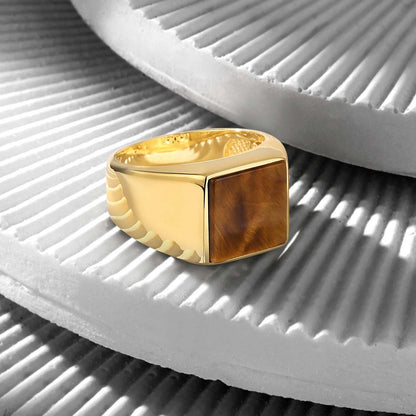 Zyan Gems | Exclusive Classic Gold Signet Statement Ring with Natural Pearl/ Tiger Eye, Sterling Silver  Ring | Jewellery for Men