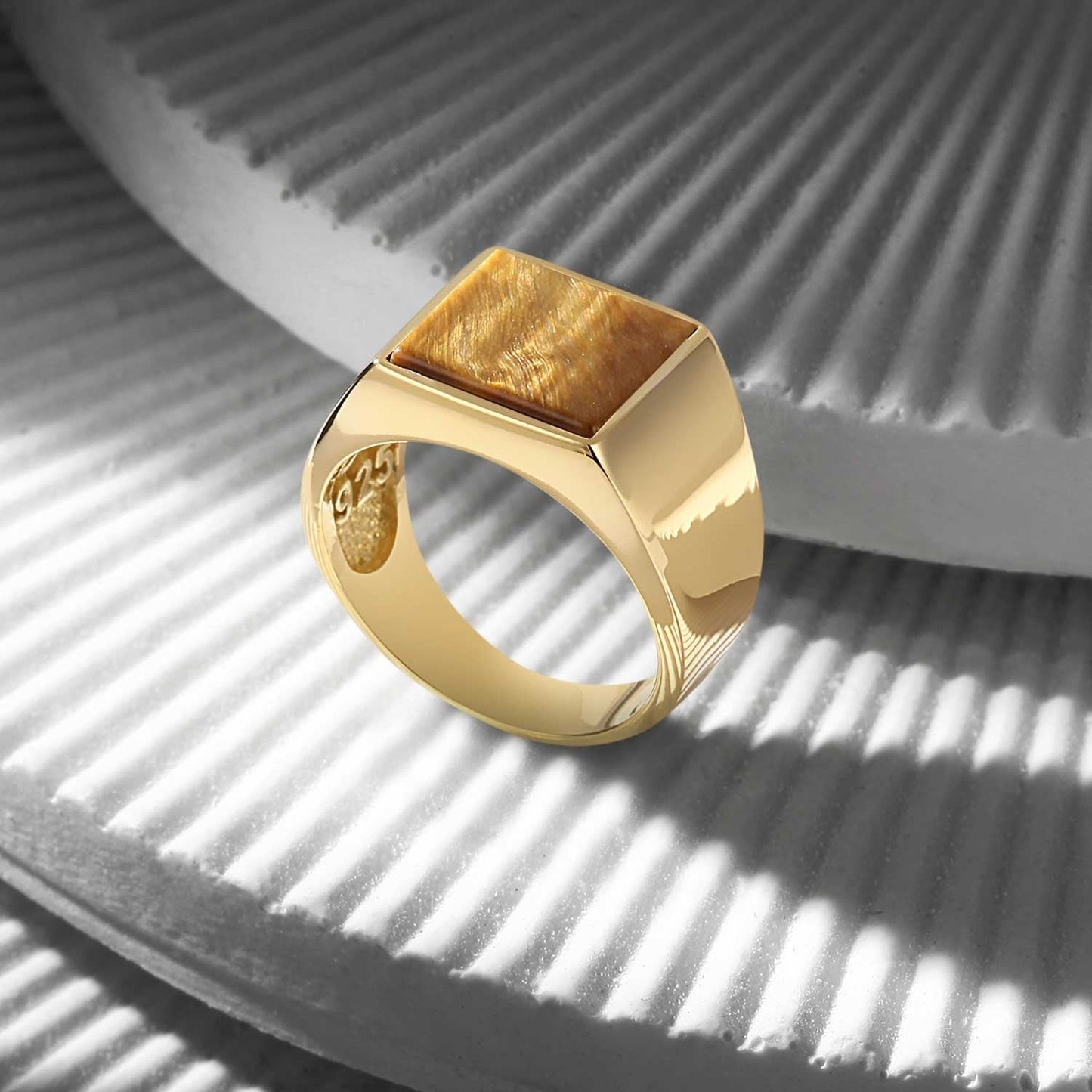 Zyan Gems | Exclusive Classic Gold Signet Statement Ring with Natural Pearl/ Tiger Eye, Sterling Silver  Ring | Jewellery for Men