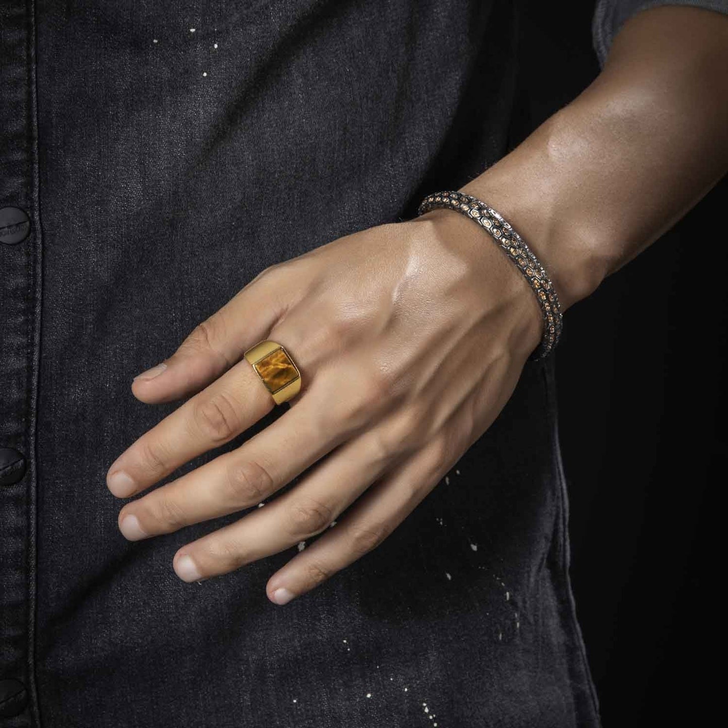 Zyan Gems | Exclusive Classic Gold Signet Statement Ring with Natural Pearl/ Tiger Eye, Sterling Silver  Ring | Jewellery for Men