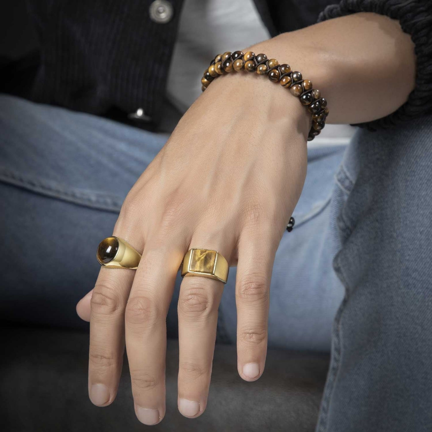 Zyan Gems | Exclusive Classic Gold Signet Statement Ring with Natural Pearl/ Tiger Eye, Sterling Silver  Ring | Jewellery for Men