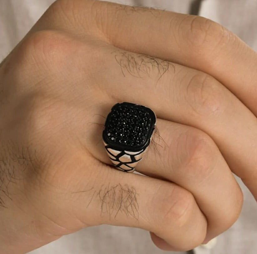 Zyan Gems | Exclusive Classic Signet Statement Ring Studded with Black Zircons, Sterling Silver  Ring | Jewellery for Men