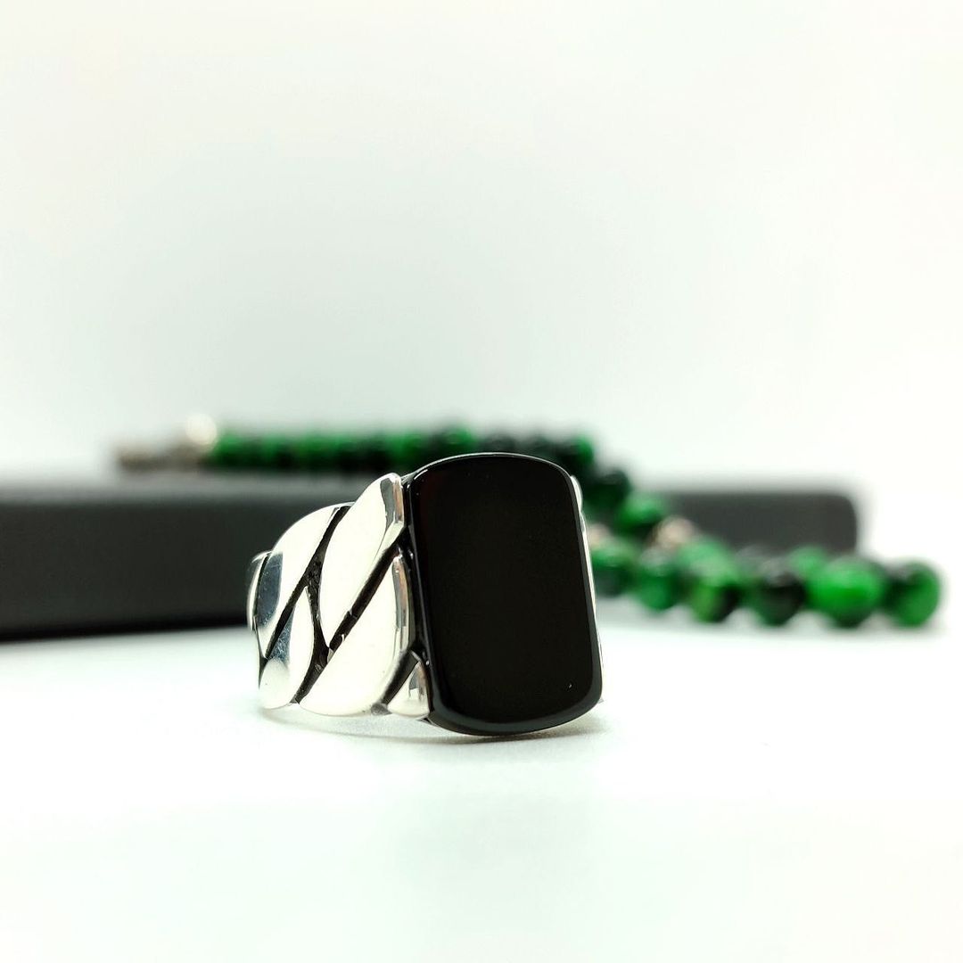 Zyan Gems | Unique Turkish Braided Style Ring with Natural Black Onyx |  Sterling Silver Oxidized Ring