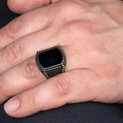 Zyan Gems | Unique Turkish Style Ring with Natural Black Onyx |  Sterling Silver Oxidized Ring