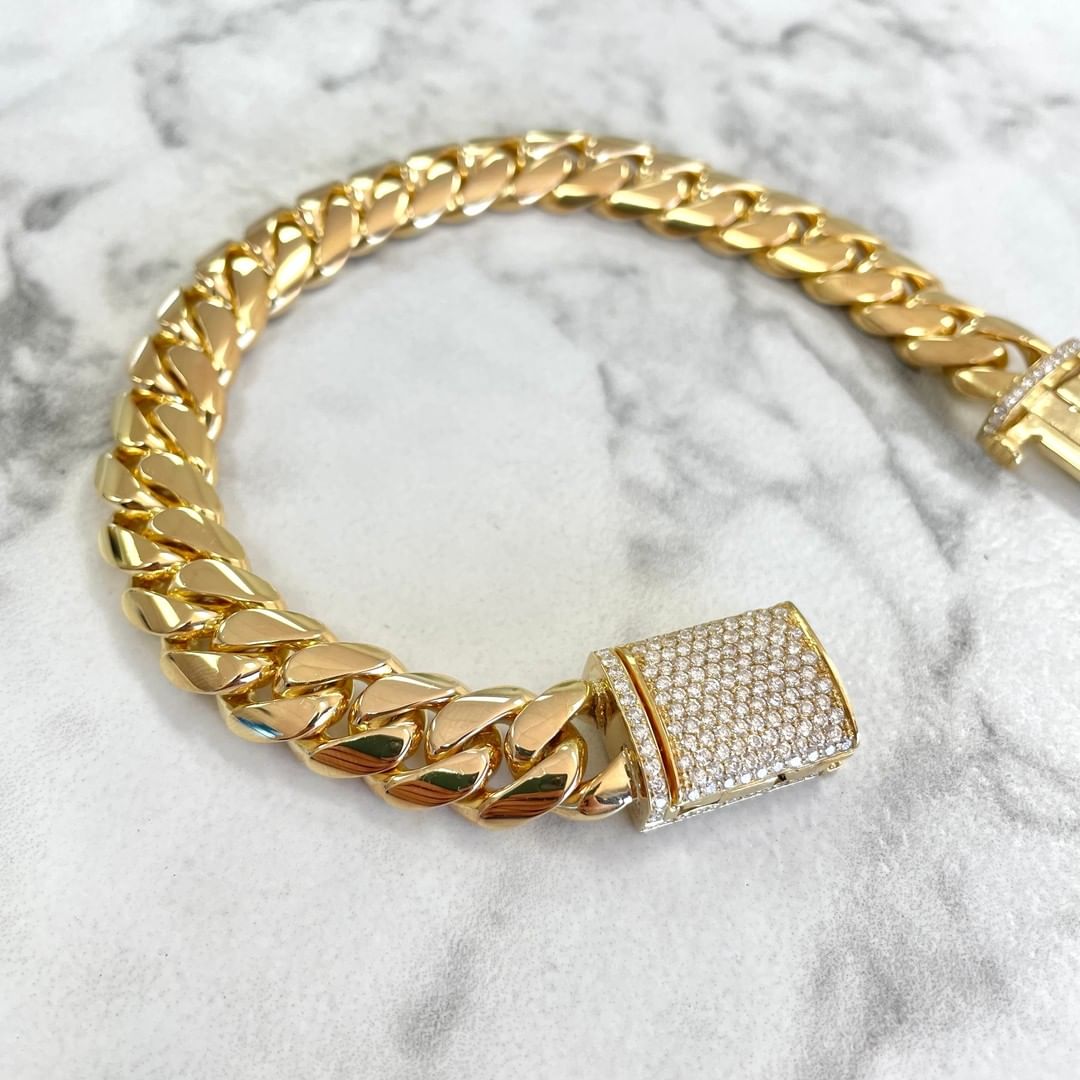 Zyan Gems | Solid 12mm Miami Cuban Link Bracelet with Iced Lock |  Gold Micron Plated on  Sterling Silver Bracelet with AAA+ Quality Swarovski Diamonds