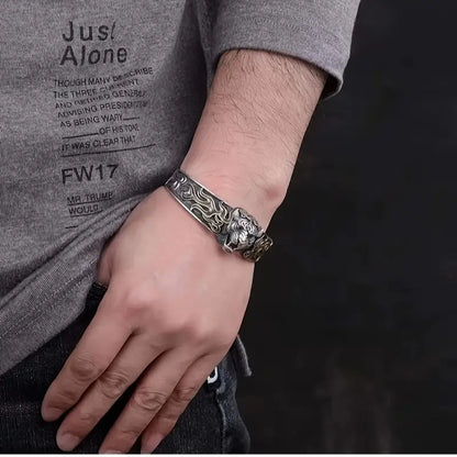 Zyan Gems | Unique  Silver Oxidized Tiger Cuff Bracelet with Blue Eyes | Bracelet for Men |  Sterling Silver Cuff