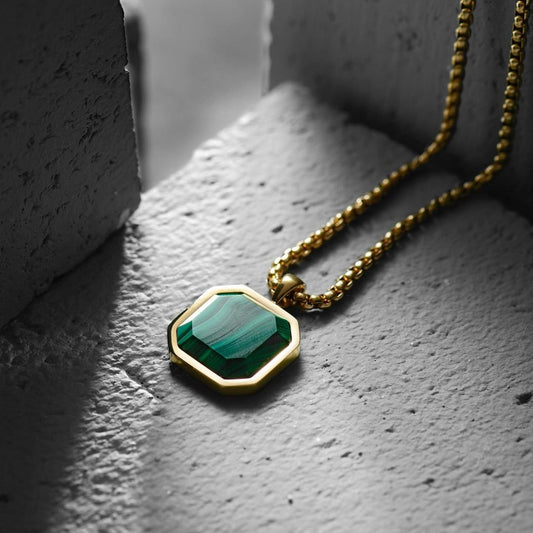Zyan Gems | Unique Designed  Gold Micron Plated Silver Pendant in Natural Malachite for Men,  Sterling Silver Pendant