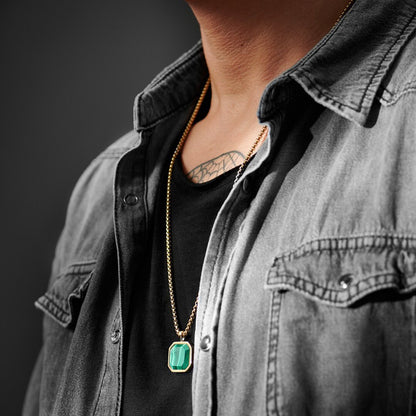 Zyan Gems | Unique Designed  Gold Micron Plated Silver Pendant in Natural Malachite for Men,  Sterling Silver Pendant