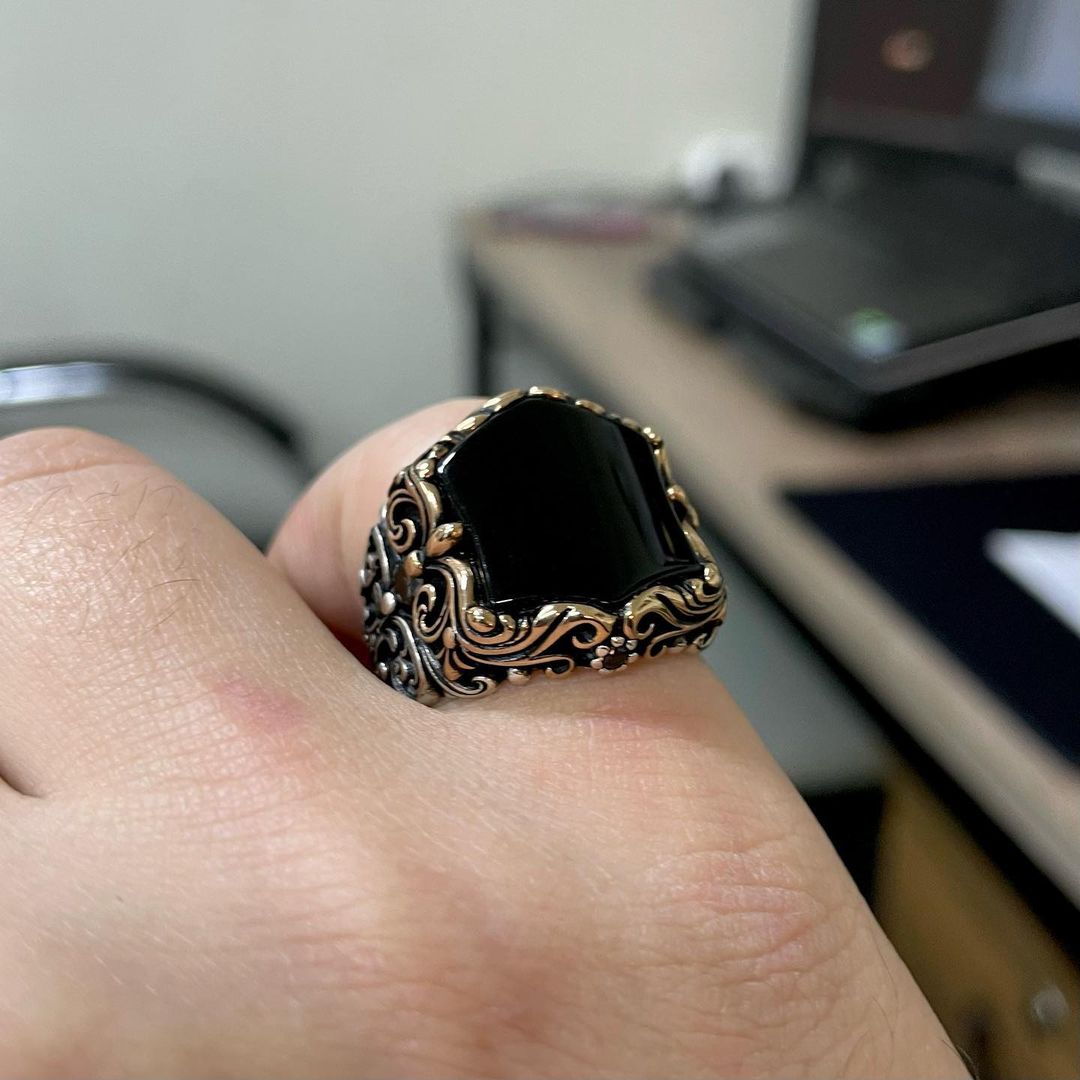 Zyan Gems | Unique Turkish Style Ring with Natural Black Onyx |  Sterling Silver Oxidized Ring
