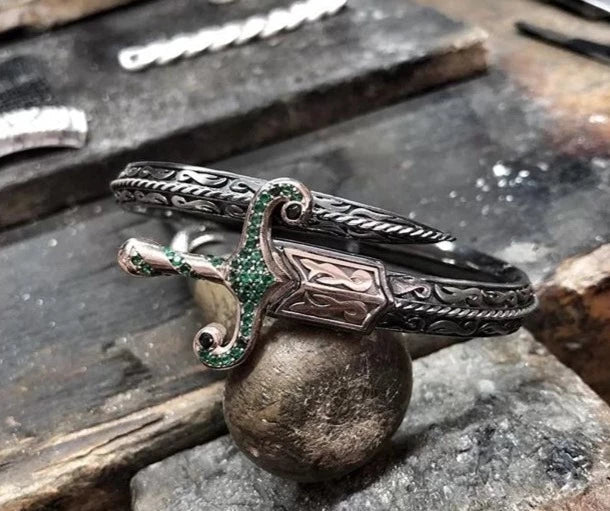 Zyan Gems | Exclusive Adjustable Silver Sword Handcuff Bracelet for Men & Boys |  Sterling Silver Bracelet