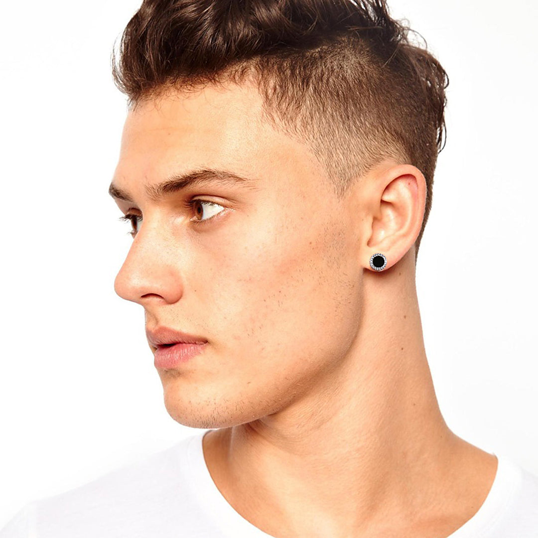 Zyan Gems | Round Black Enamel & Diamond Stud Earrings for Men | Rhodium Plated  Sterling Silver | Jewellery for Men