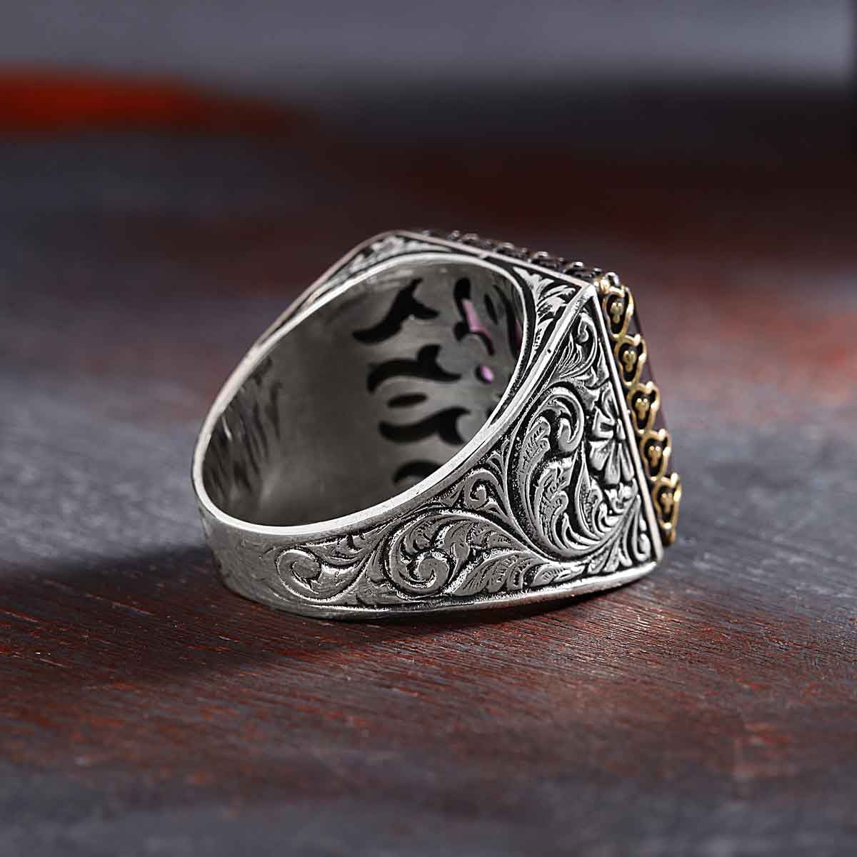 Zyan Gems | Unique Designed Turkish Style Premium Ring with Purple Amethyst |  Sterling Silver Oxidized Ring