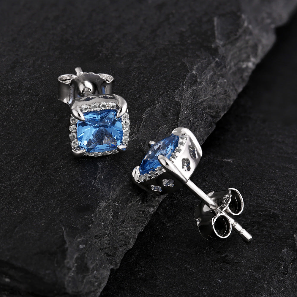 Zyan Gems | Princess Cut Blue Topaz & Diamond Stud Earrings for Men | AAA+ Quality Swarovski Diamond & White Rhodium  Sterling Silver Earrings | Jewellery for Men