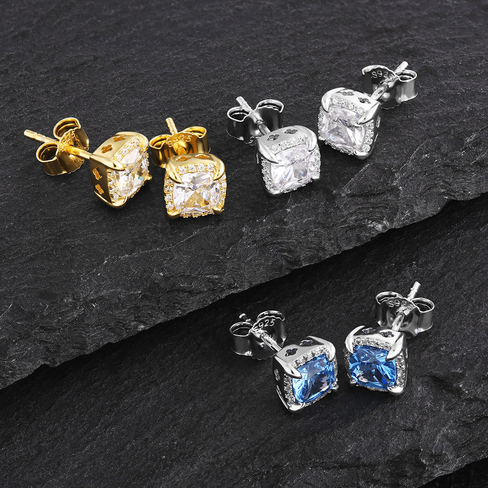 Zyan Gems | Princess Cut Blue Topaz & Diamond Stud Earrings for Men | AAA+ Quality Swarovski Diamond & White Rhodium  Sterling Silver Earrings | Jewellery for Men