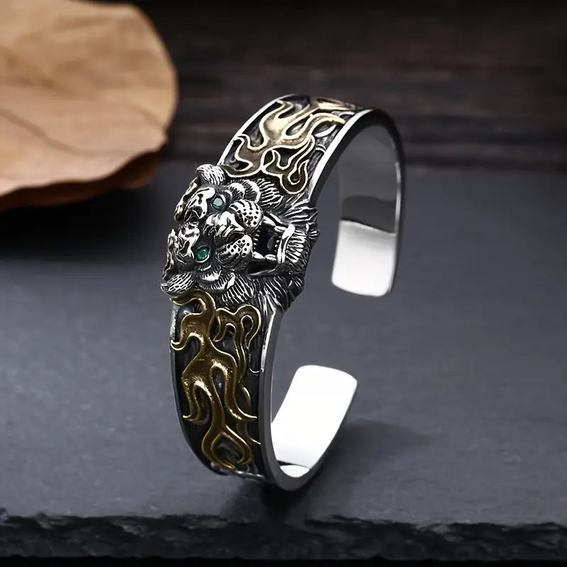 Zyan Gems | Unique  Silver Oxidized Tiger Cuff Bracelet with Blue Eyes | Bracelet for Men |  Sterling Silver Cuff