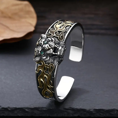 Zyan Gems | Unique  Silver Oxidized Tiger Cuff Bracelet with Blue Eyes | Bracelet for Men |  Sterling Silver Cuff