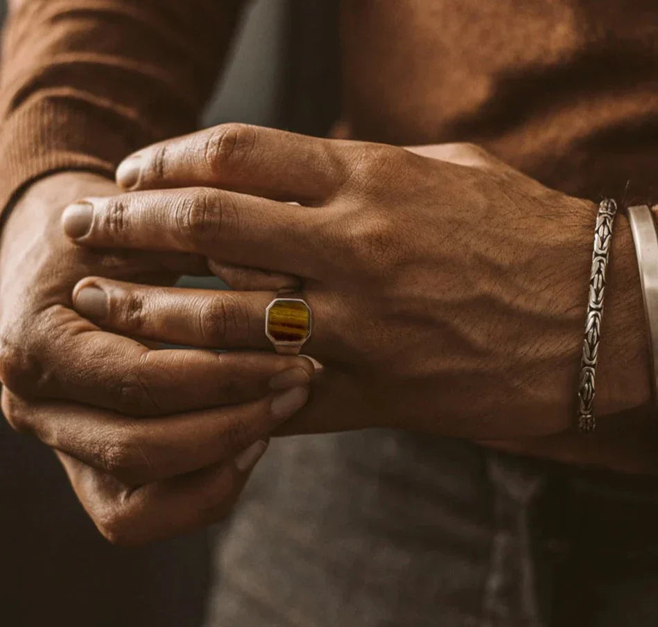Zyan Gems | Classic Signet Ring with Natural Tiger Eye |  Sterling Silver Ring
