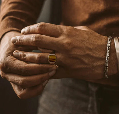 Zyan Gems | Classic Signet Ring with Natural Tiger Eye |  Sterling Silver Ring