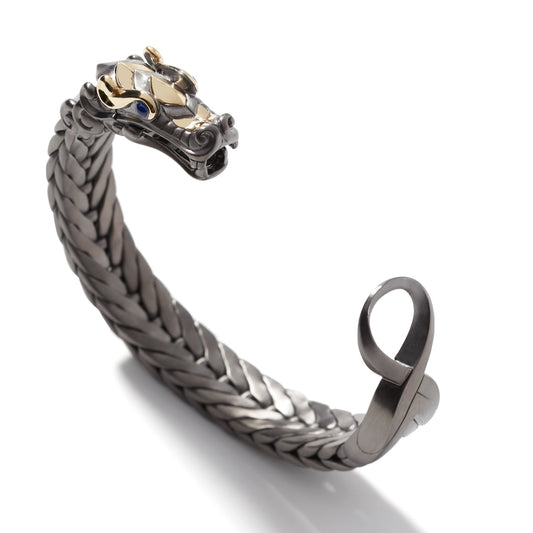 Zyan Gems |  Naga Oxidized Dragon Bracelet with Blue Eyes in Gun Metal Finish | 925 Sterling Silver Oxidized Bracelet | Unisex Jewelry Authenticity and 925