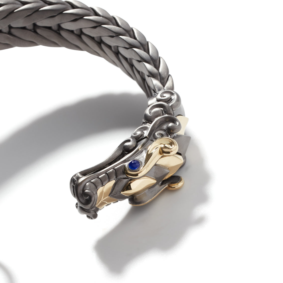 Zyan Gems |  Naga Oxidized Dragon Bracelet with Blue Eyes in Gun Metal Finish |  Sterling Silver Oxidized Bracelet | Unisex