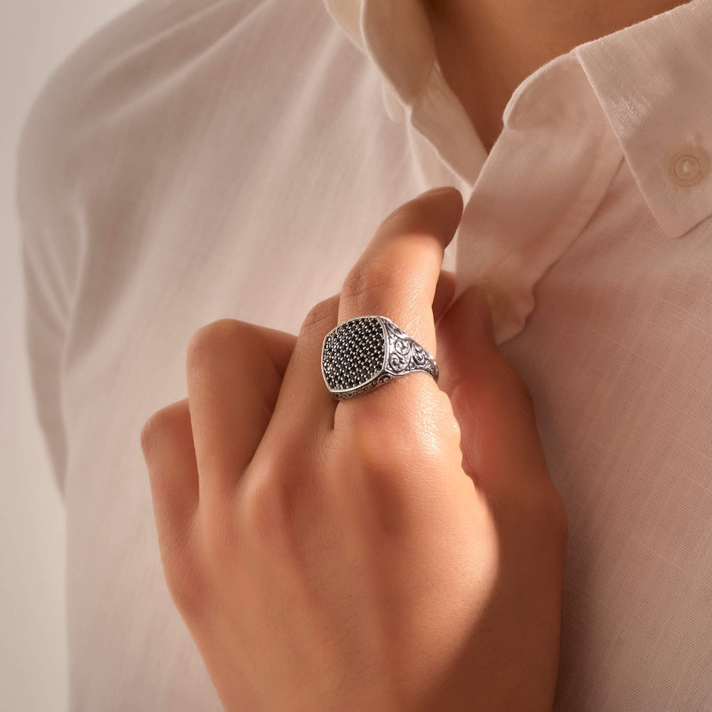 Zyan Gems | Exclusive Classic Cushion Pave Ring Studded with Black Zircons, Sterling Silver  Ring | Jewellery for Men