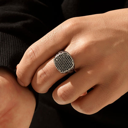 Zyan Gems | Exclusive Classic Cushion Pave Ring Studded with Black Zircons, Sterling Silver  Ring | Jewellery for Men