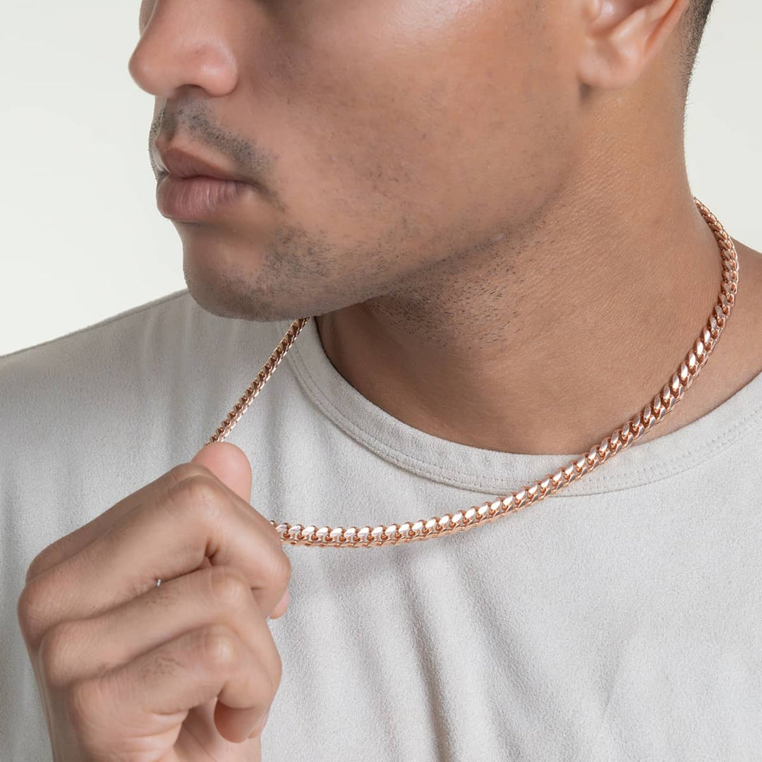 Zyan Gems | Solid 8mm Miami Cuban Link Chain with Plain Lock (22K Rose Gold Plated) |  Sterling Silver Chain