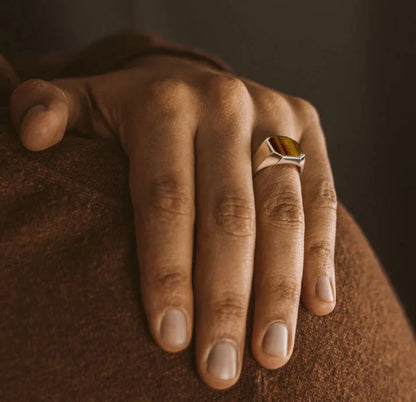 Zyan Gems | Classic Signet Ring with Natural Tiger Eye |  Sterling Silver Ring