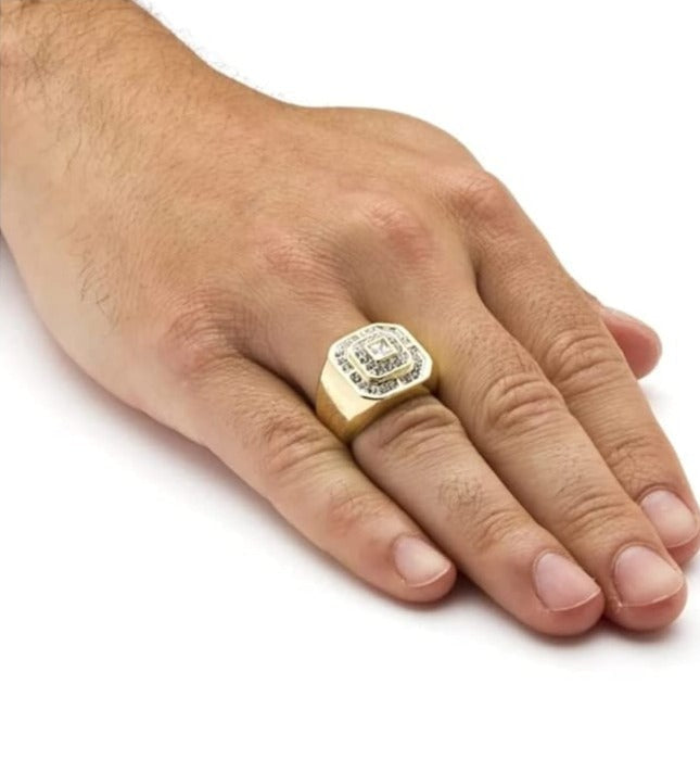 Zyan Gems | Exclusive Classic Gold Signet Statement Ring Studded with CZ white zircons |  Gold Plated Sterling Silver  Ring | Jewellery for Men