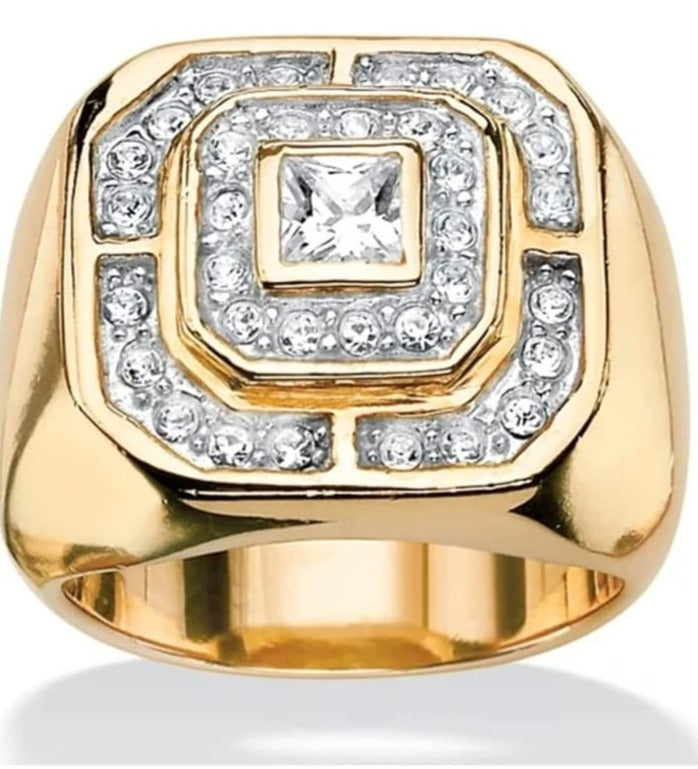 Zyan Gems | Exclusive Classic Gold Signet Statement Ring Studded with CZ white zircons |  Gold Plated Sterling Silver  Ring | Jewellery for Men