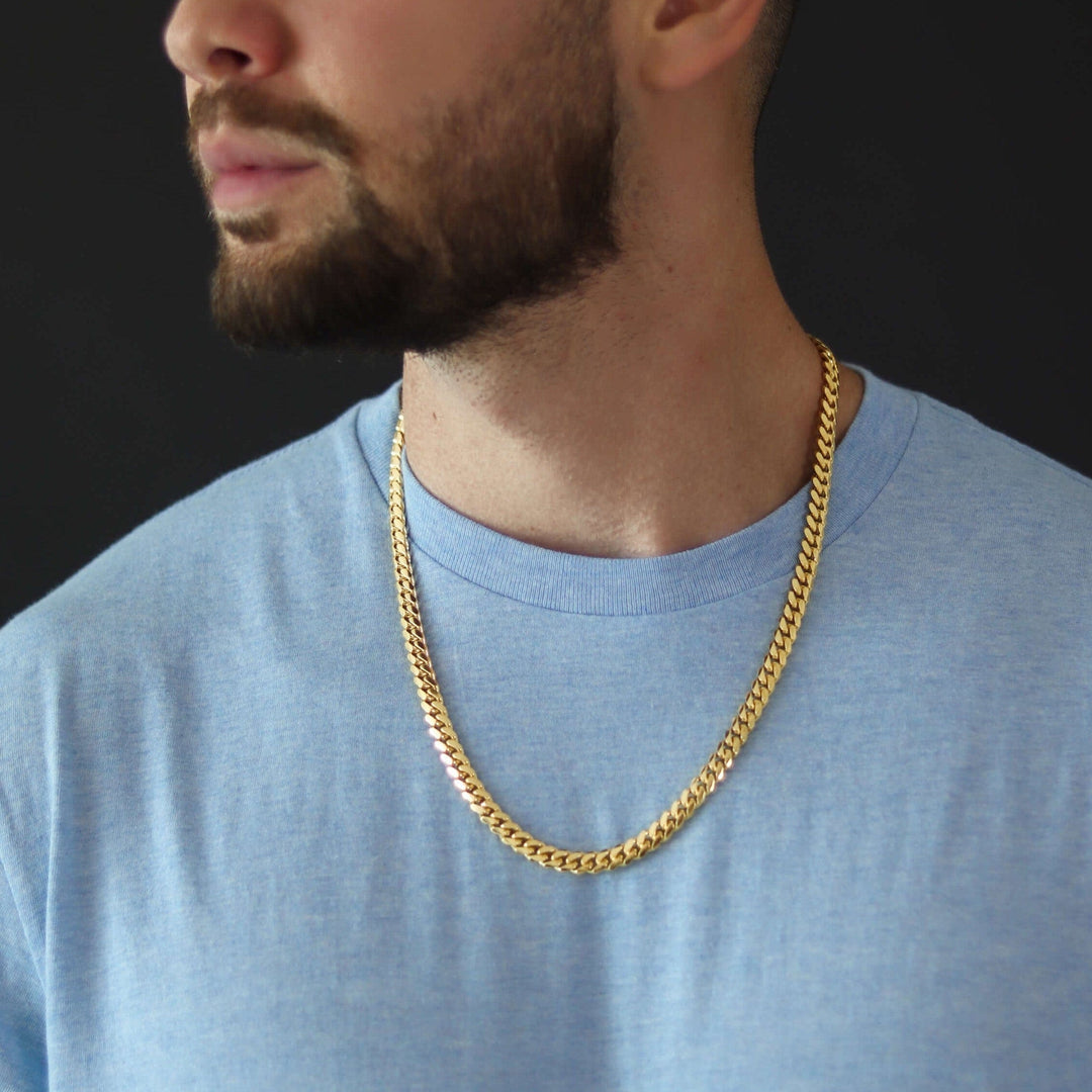 Zyan Gems | Solid 8mm Miami Cuban Link Chain with Plain Lock (22K Yellow Gold Plated) |  Sterling Silver Chain