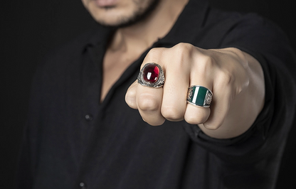 Zyan Gems | Unique Turkish Style Curved Ring with Green Onyx |  Sterling Silver Oxidized Ring